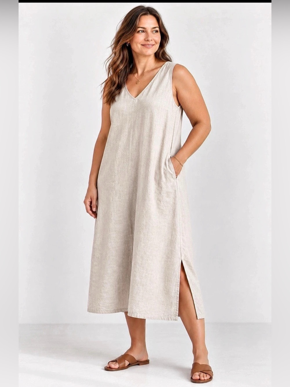 Tahari Oatmeal Linen-Blend V-Neck Midi Dress with Pockets
